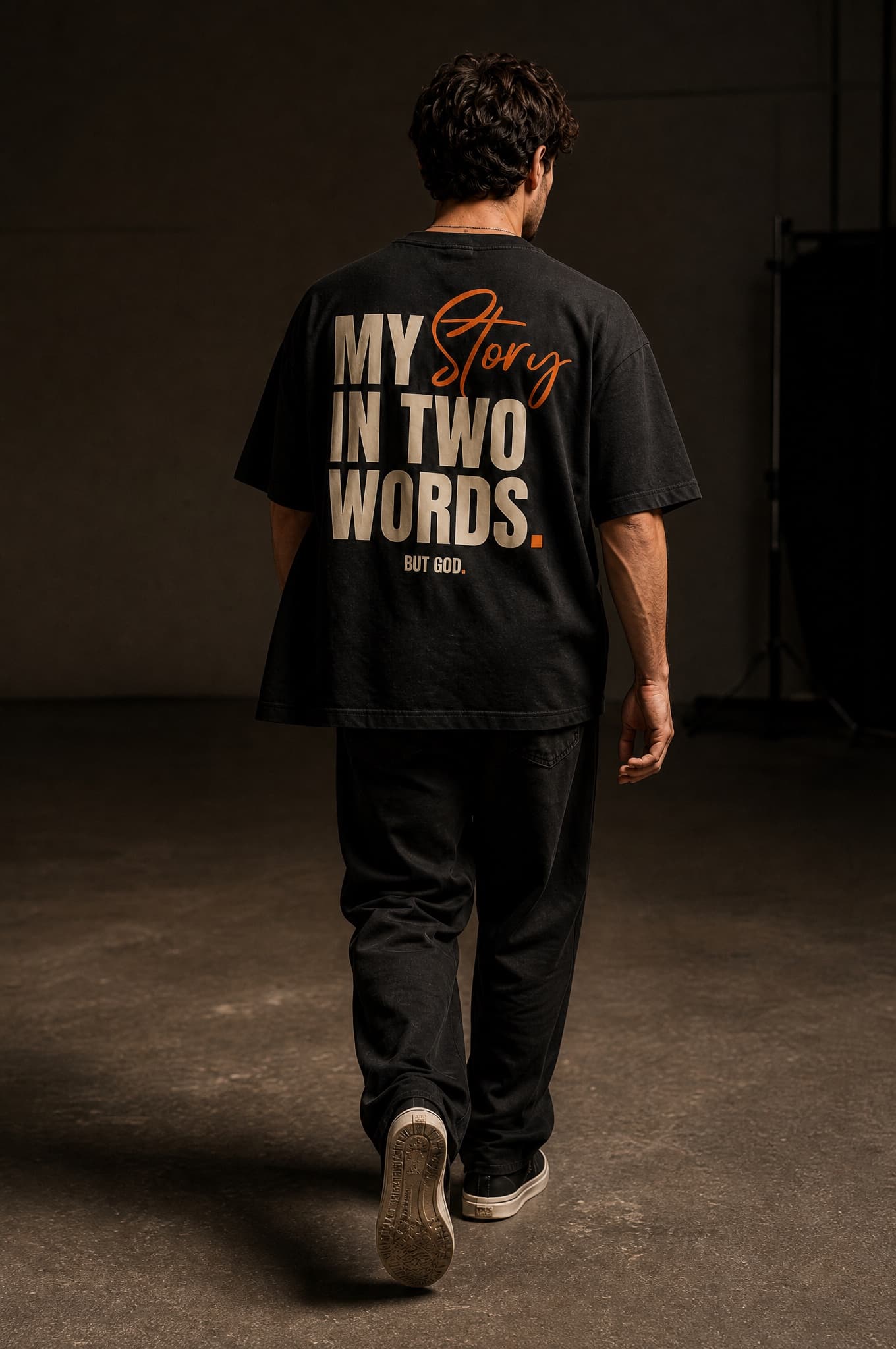 My Story in Two Words tee, back print, walking away