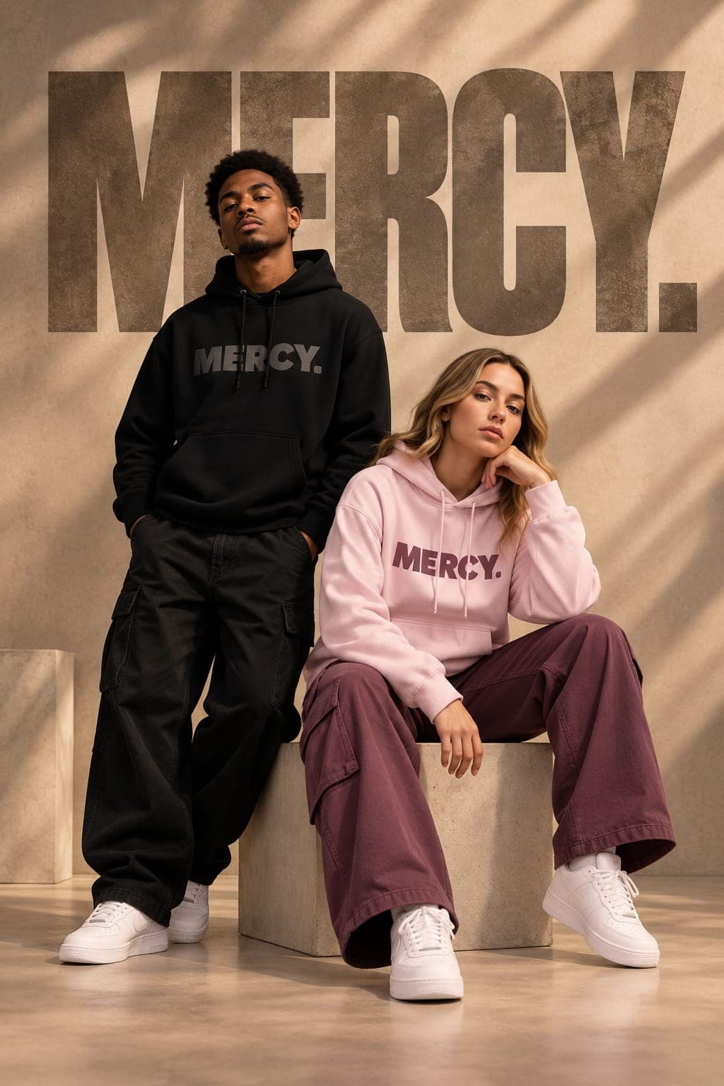 Mercy hoodie in black and pink, against a MERCY. wall